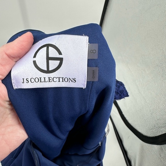 JS Collections navy Maria lace scallop long sleeve column gown NWOT - Picture 6 of 8